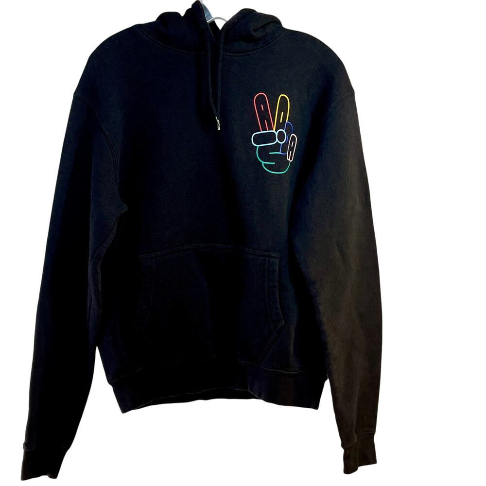 Adidas OG Peace Sign Hoodie Men's Small Black Drawstring Pocket Preowned Blend